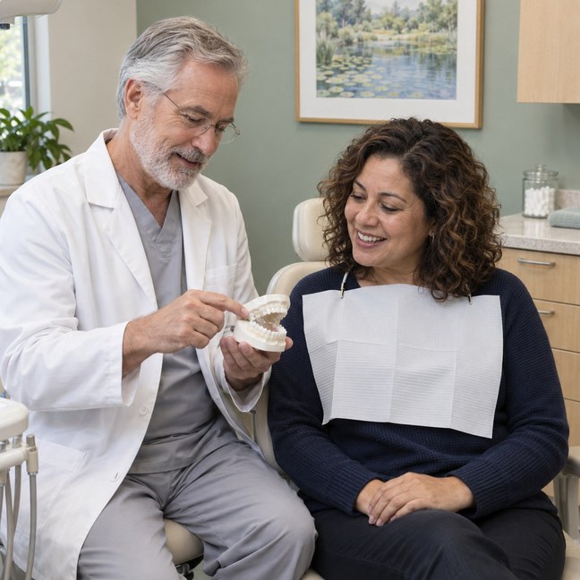 A dentist showing a patient a model of teeth