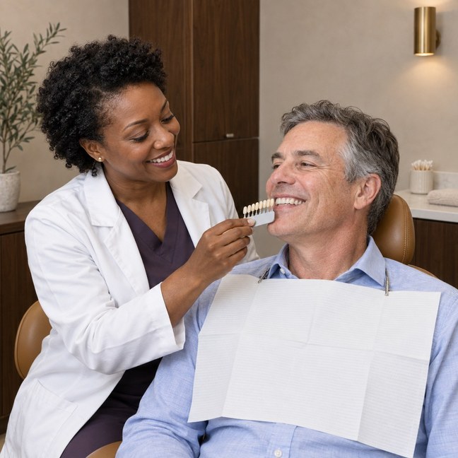 A dental professional matching a shade guide to a patient's smile
