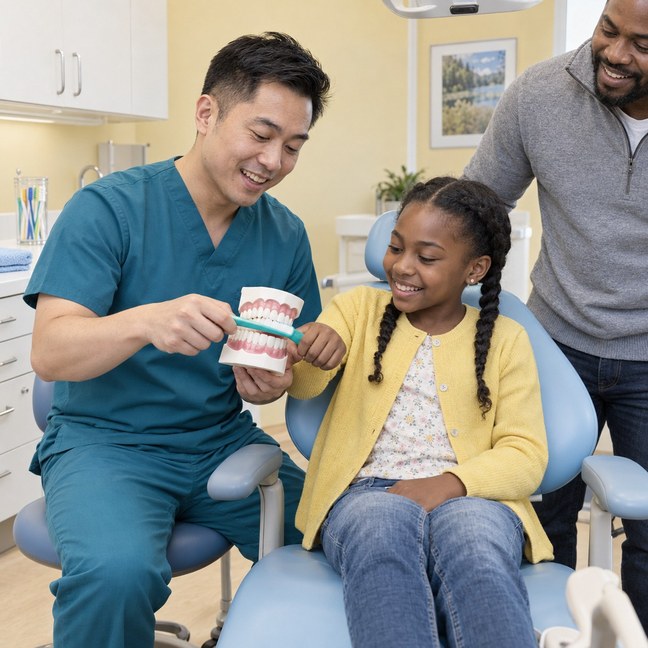 A hygienist showing a smiling child how to brush on a model of teeth